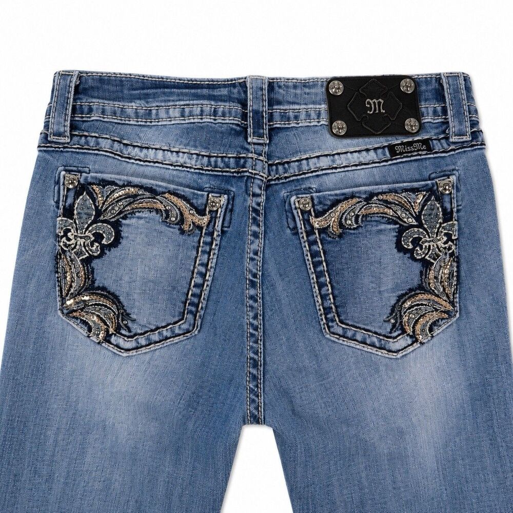 Miss Me Womens 30 Skinny Jeans Blue Embellished Rhinestone Pocket Y2K Distressed